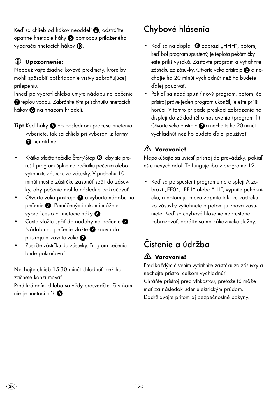 Chybové hlásenia, Čistenie a údržba | Silvercrest BREAD MAKER SBB 850 A1 User Manual | Page 123 / 160