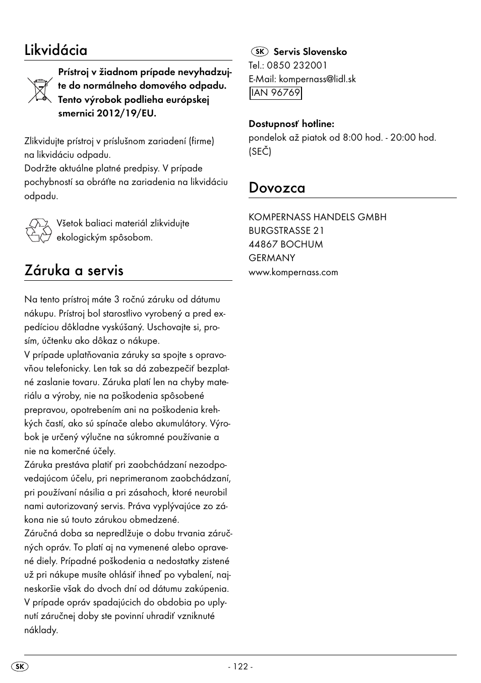 Likvidácia, Záruka a servis, Dovozca | Silvercrest BREAD MAKER SBB 850 A1 User Manual | Page 125 / 160