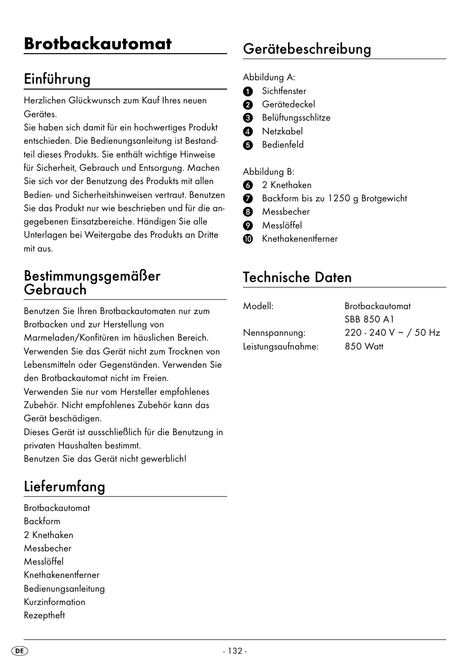 Brotbackautomat, Einführung, Bestimmungsgemäßer gebrauch | Lieferumfang, Gerätebeschreibung, Technische daten | Silvercrest BREAD MAKER SBB 850 A1 User Manual | Page 135 / 160
