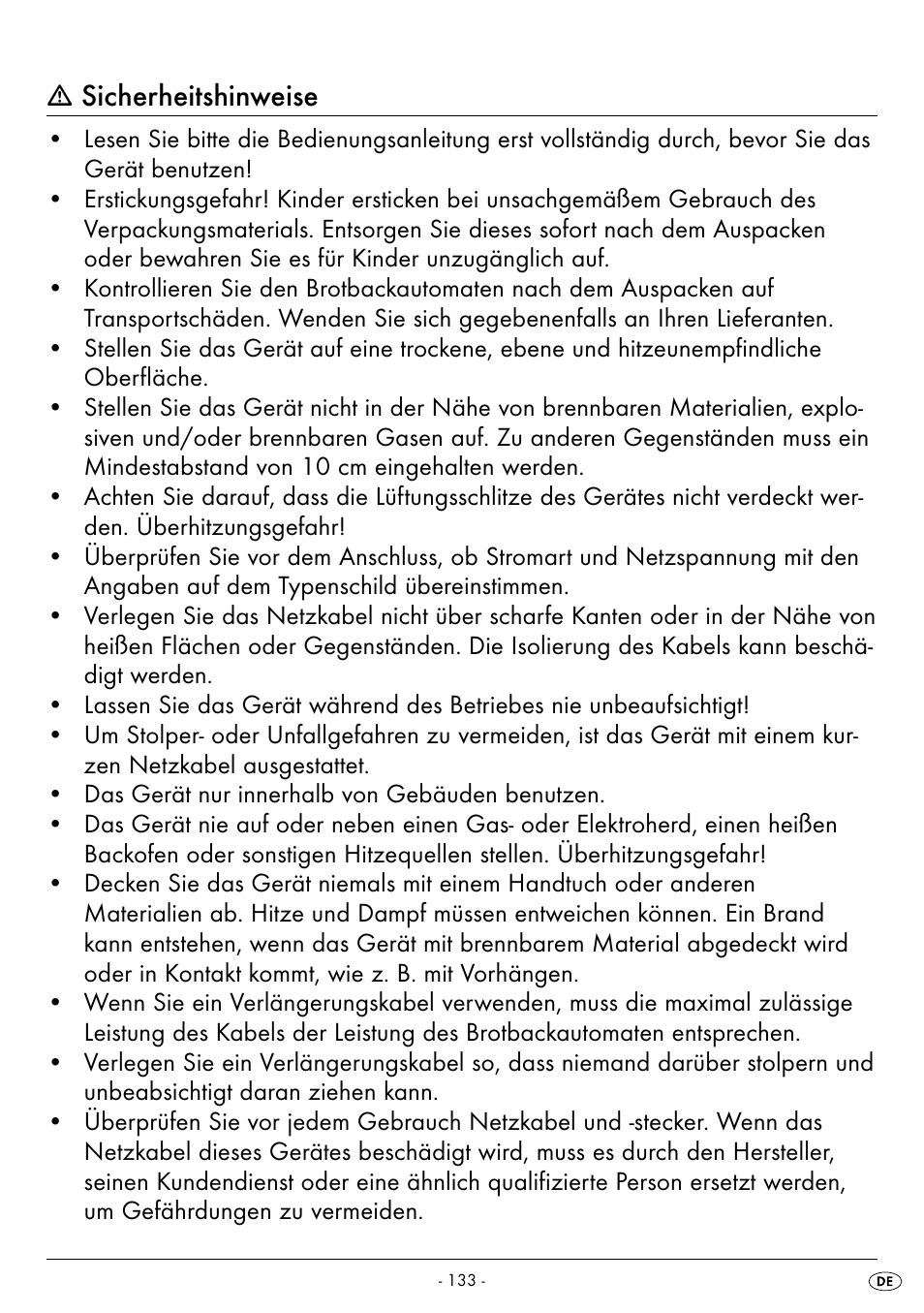 Sicherheitshinweise | Silvercrest BREAD MAKER SBB 850 A1 User Manual | Page 136 / 160