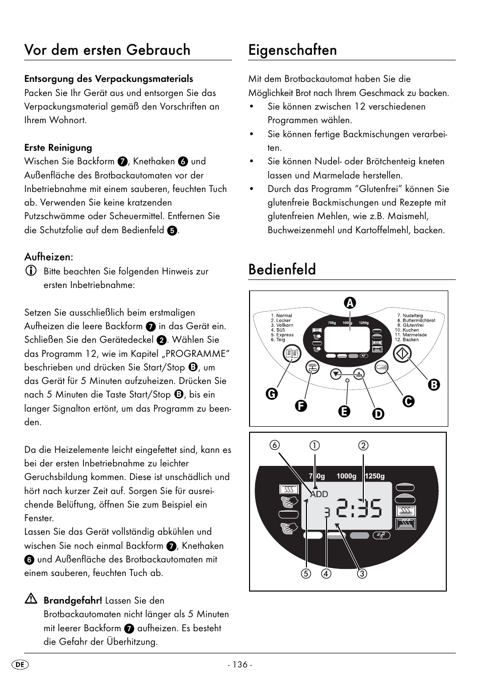 Vor dem ersten gebrauch, Eigenschaften, Bedienfeld | Silvercrest BREAD MAKER SBB 850 A1 User Manual | Page 139 / 160