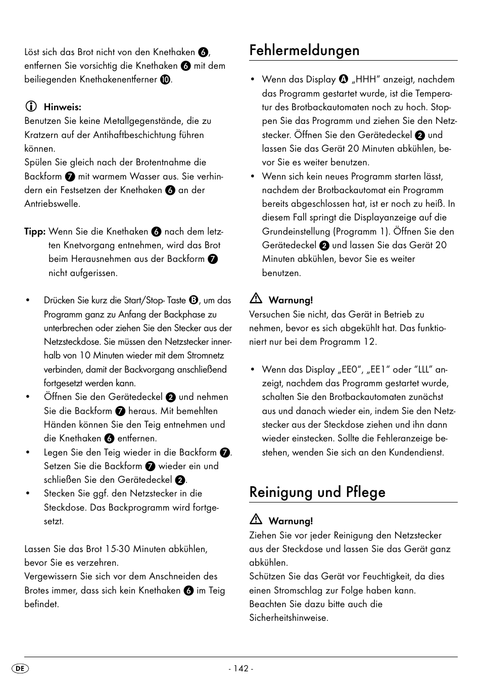 Fehlermeldungen, Reinigung und pflege | Silvercrest BREAD MAKER SBB 850 A1 User Manual | Page 145 / 160