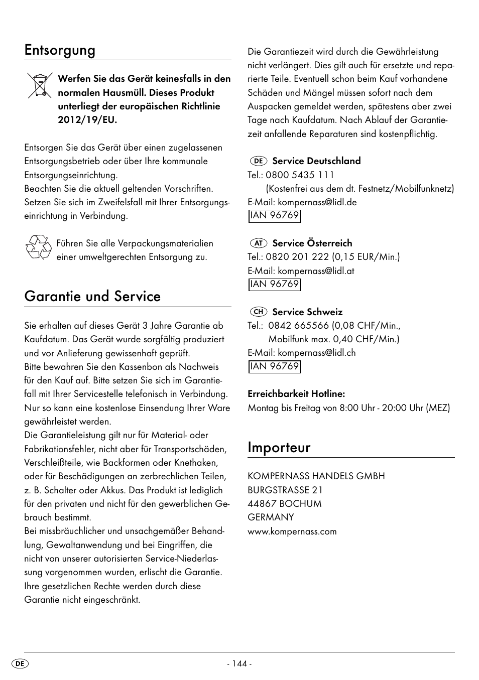 Entsorgung, Garantie und service, Importeur | Silvercrest BREAD MAKER SBB 850 A1 User Manual | Page 147 / 160