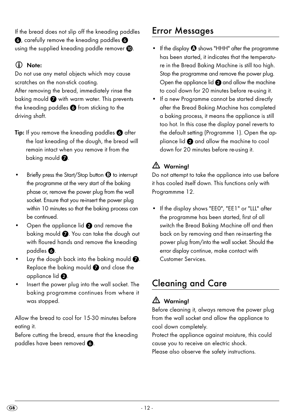 Error messages, Cleaning and care | Silvercrest BREAD MAKER SBB 850 A1 User Manual | Page 15 / 160