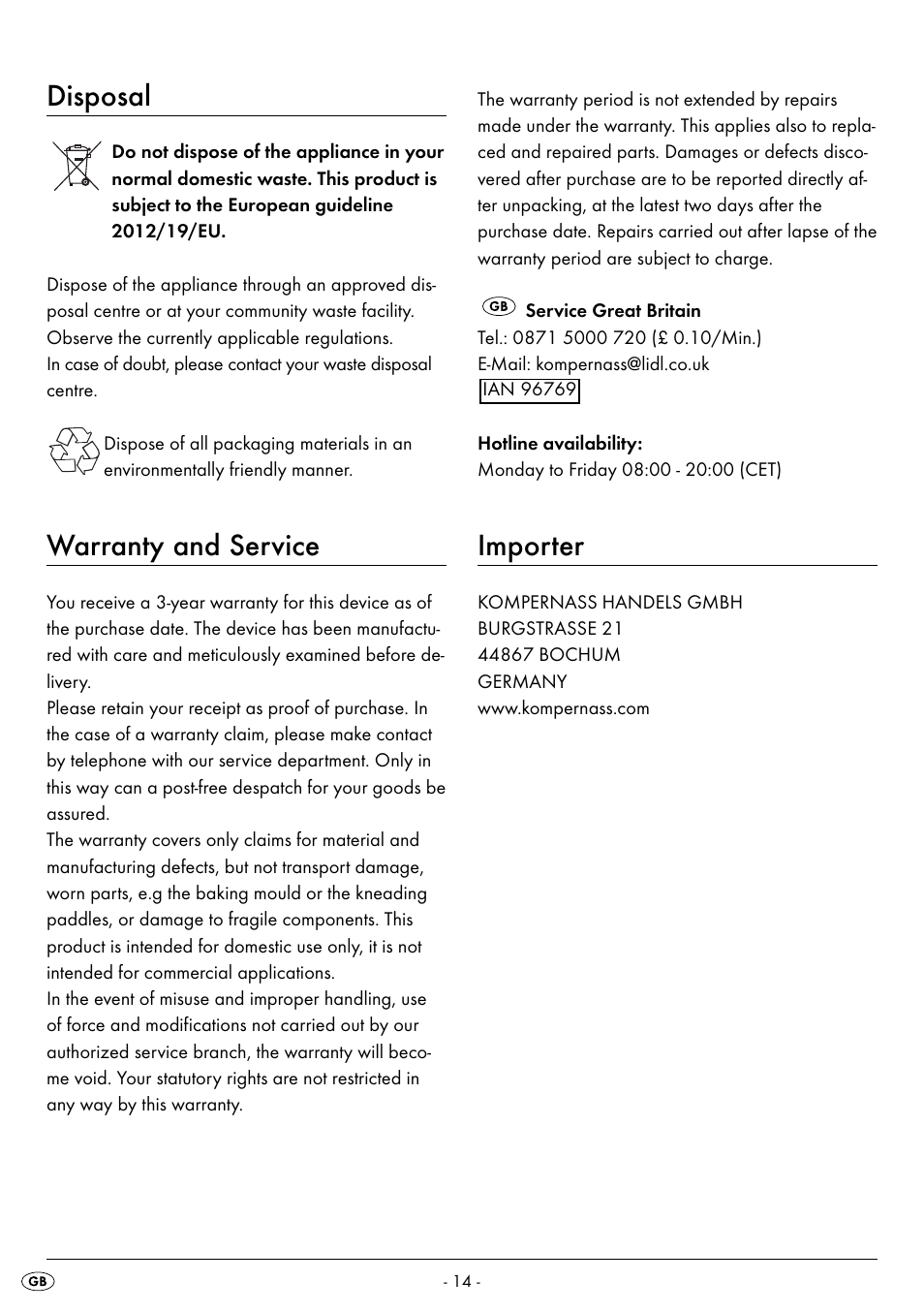 Disposal, Warranty and service, Importer | Silvercrest BREAD MAKER SBB 850 A1 User Manual | Page 17 / 160
