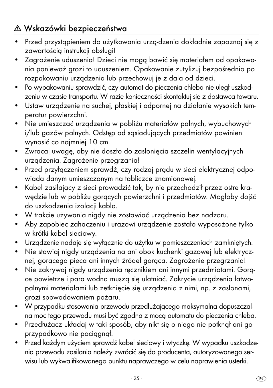 Wskazówki bezpieczeństwa | Silvercrest BREAD MAKER SBB 850 A1 User Manual | Page 28 / 160