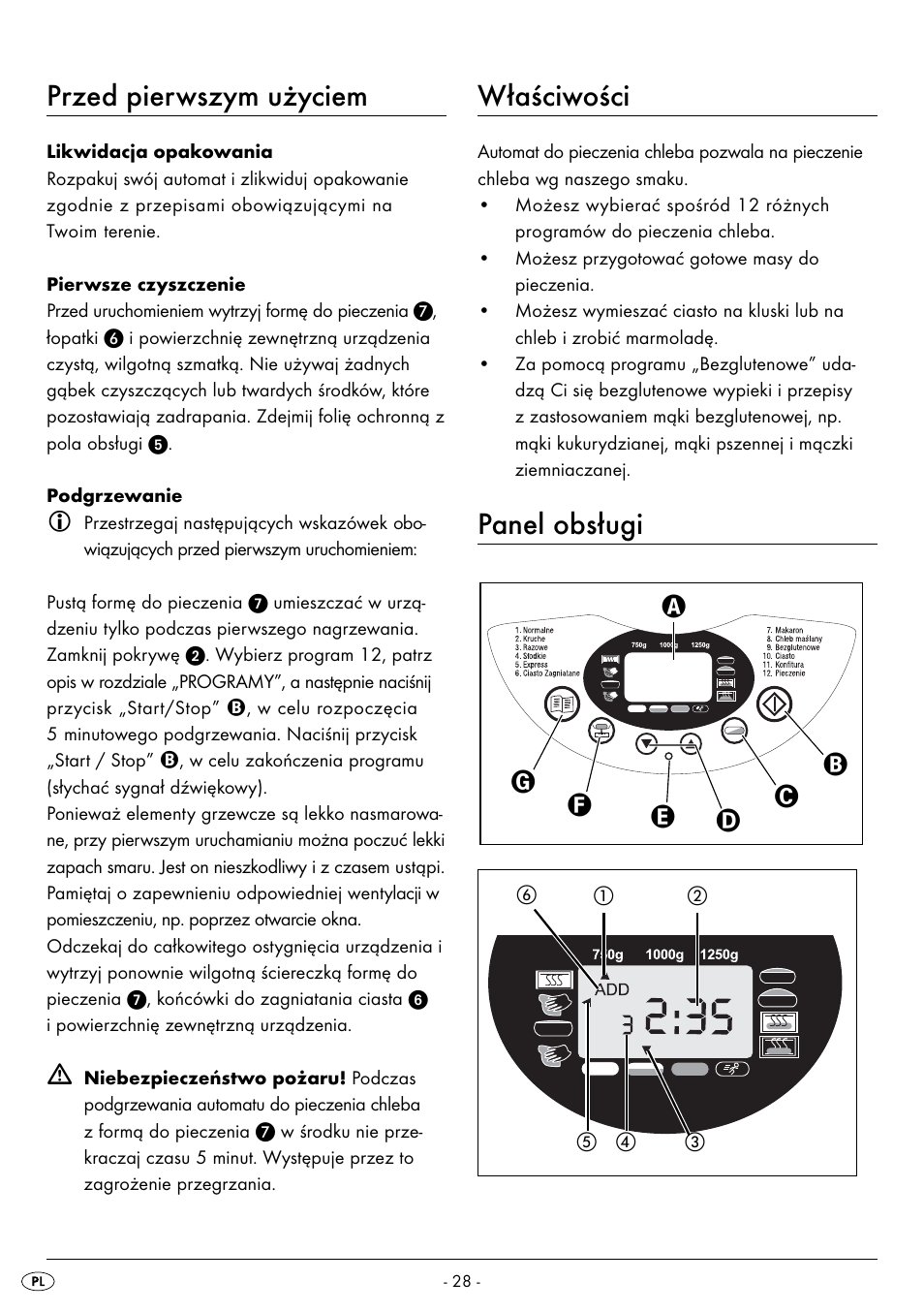 Przed pierwszym użyciem, Właściwości, Panel obsługi | Silvercrest BREAD MAKER SBB 850 A1 User Manual | Page 31 / 160