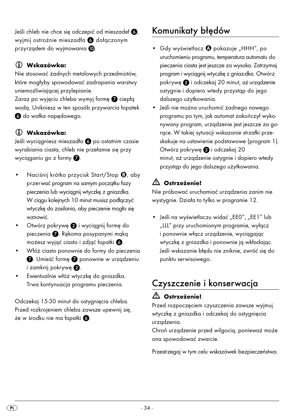 Komunikaty błędów, Czyszczenie i konserwacja | Silvercrest BREAD MAKER SBB 850 A1 User Manual | Page 37 / 160