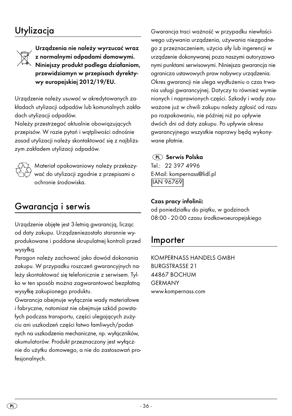 Utylizacja, Gwarancja i serwis, Importer | Silvercrest BREAD MAKER SBB 850 A1 User Manual | Page 39 / 160