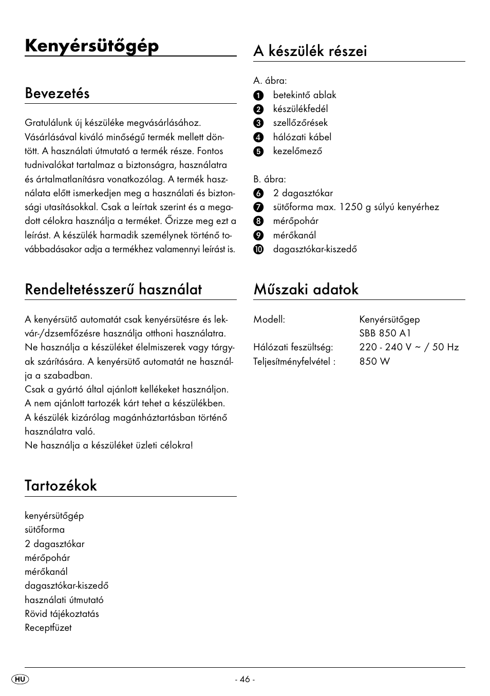 Kenyérsütőgép, Bevezetés, Rendeltetésszerű használat | Tartozékok, A készülék részei, Műszaki adatok | Silvercrest BREAD MAKER SBB 850 A1 User Manual | Page 49 / 160
