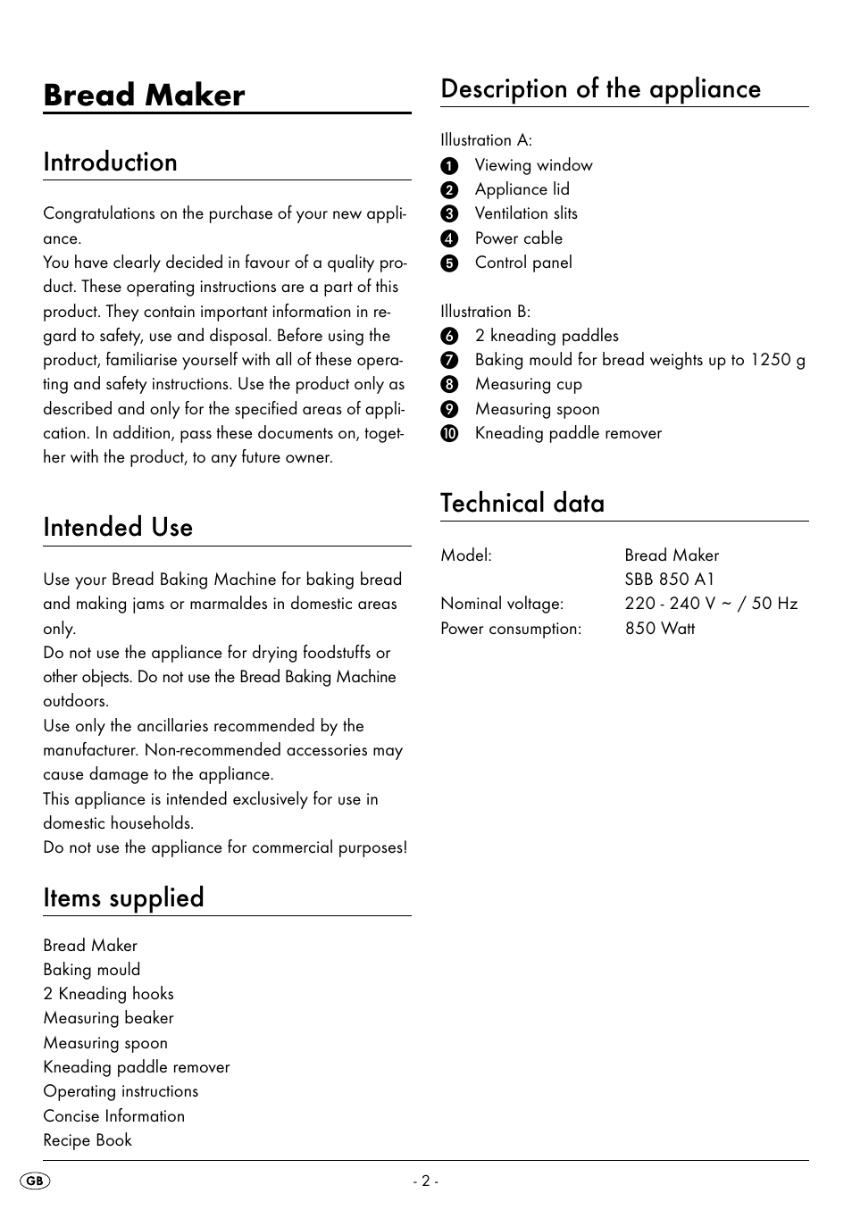 Bread maker, Introduction, Intended use | Items supplied, Description of the appliance, Technical data | Silvercrest BREAD MAKER SBB 850 A1 User Manual | Page 5 / 160
