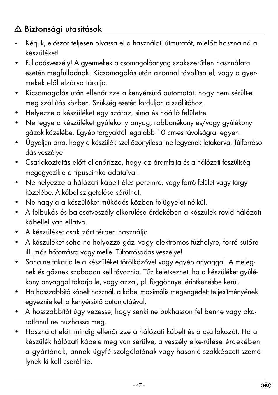 Biztonsági utasítások | Silvercrest BREAD MAKER SBB 850 A1 User Manual | Page 50 / 160