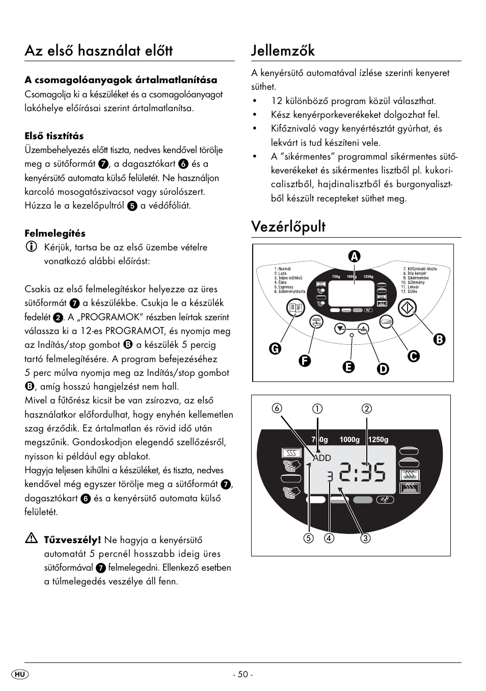 Az első használat előtt, Jellemzők, Vezérlőpult | Silvercrest BREAD MAKER SBB 850 A1 User Manual | Page 53 / 160