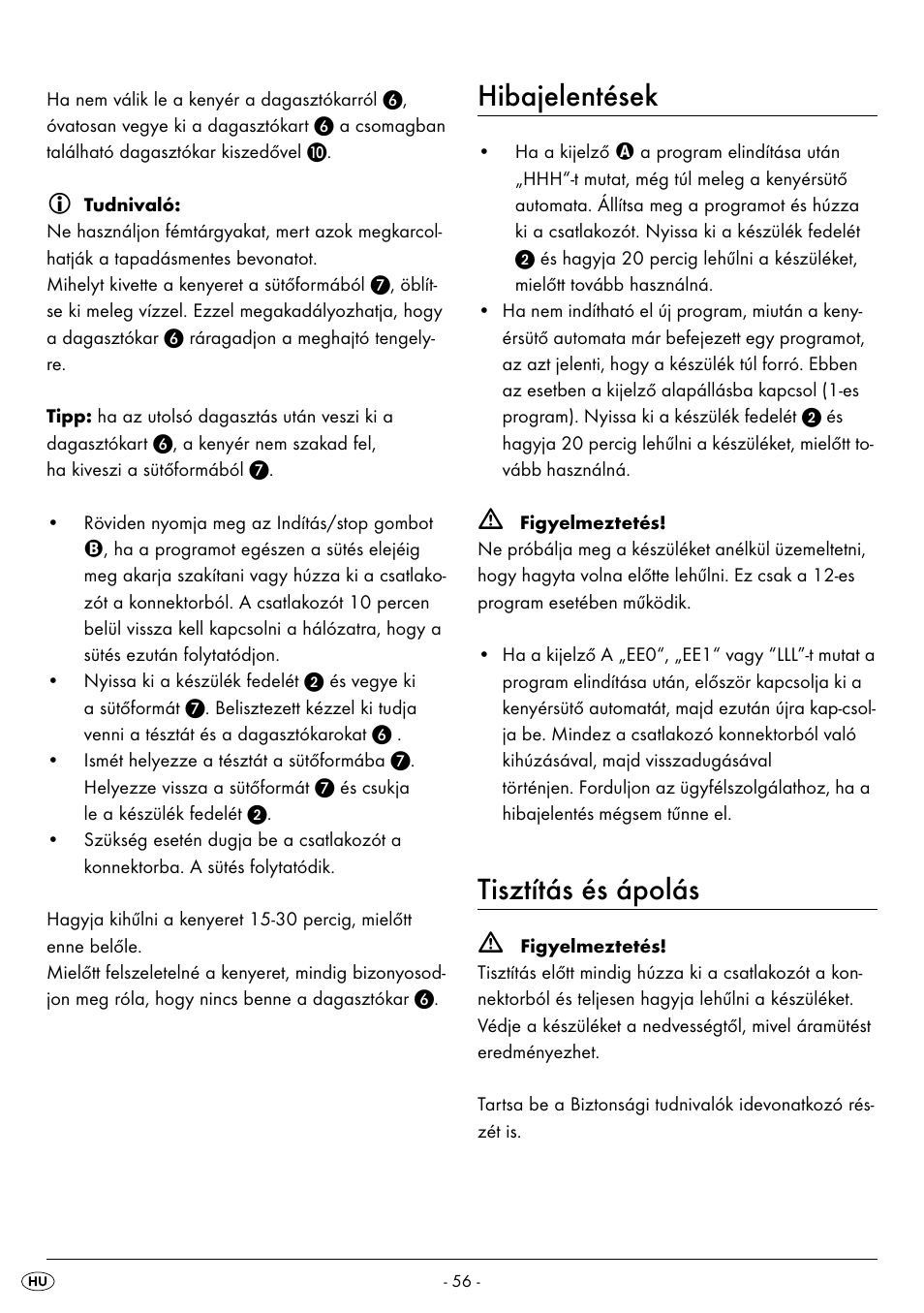 Hibajelentések, Tisztítás és ápolás | Silvercrest BREAD MAKER SBB 850 A1 User Manual | Page 59 / 160