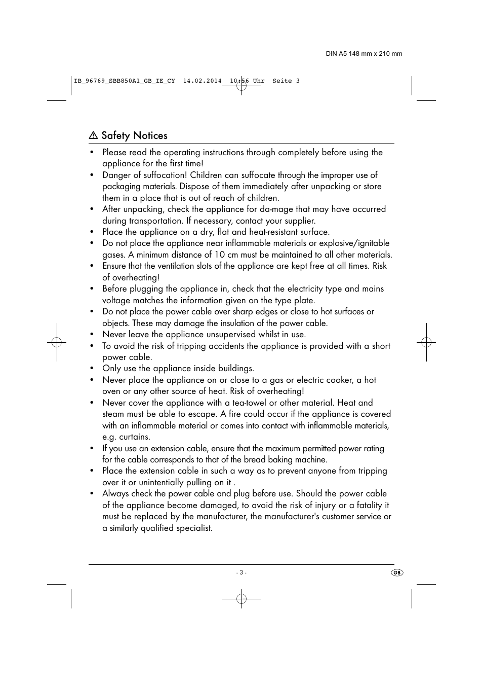 Safety notices | Silvercrest BREAD MAKER SBB 850 A1 User Manual | Page 6 / 160