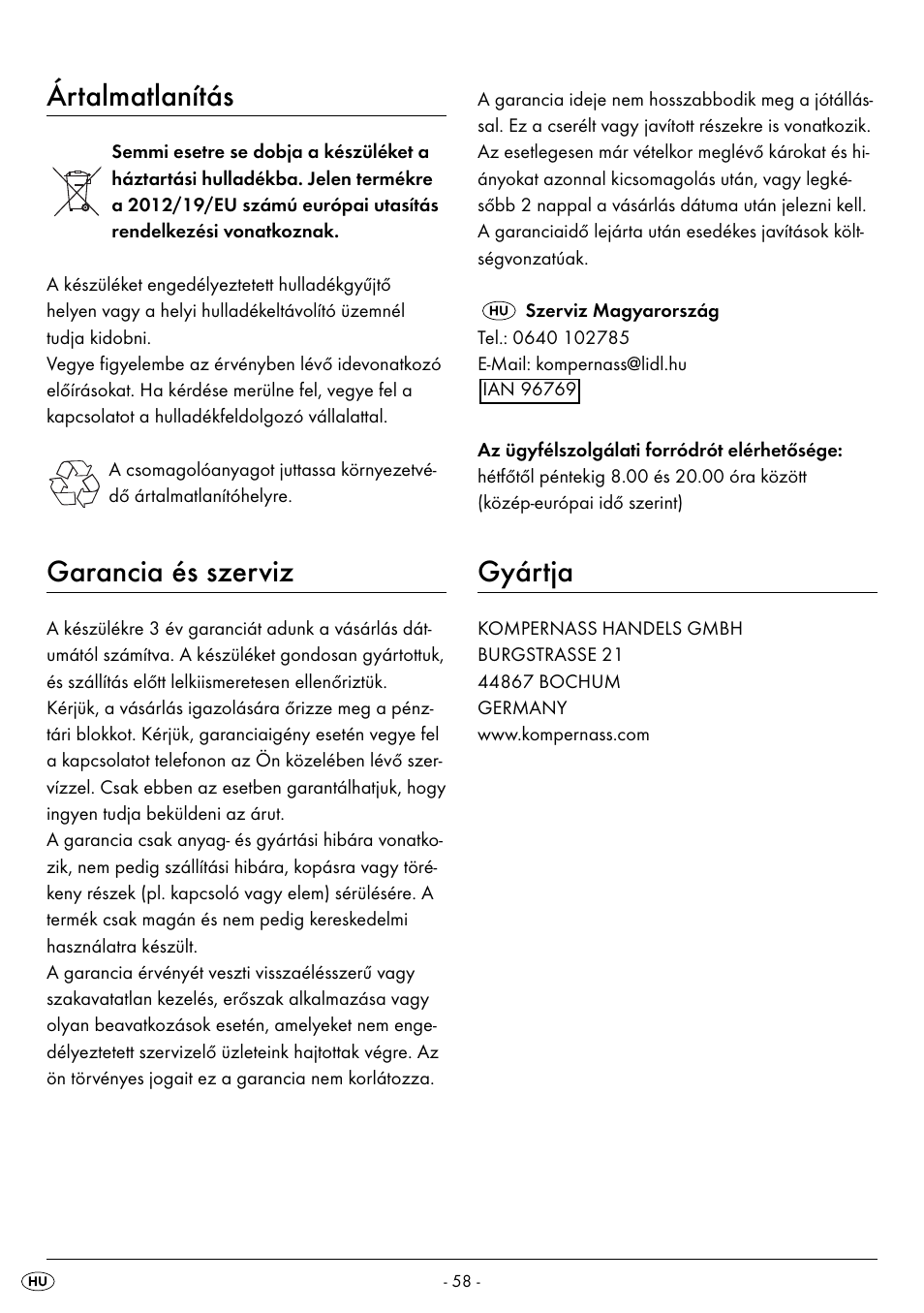 Ártalmatlanítás, Garancia és szerviz, Gyártja | Silvercrest BREAD MAKER SBB 850 A1 User Manual | Page 61 / 160