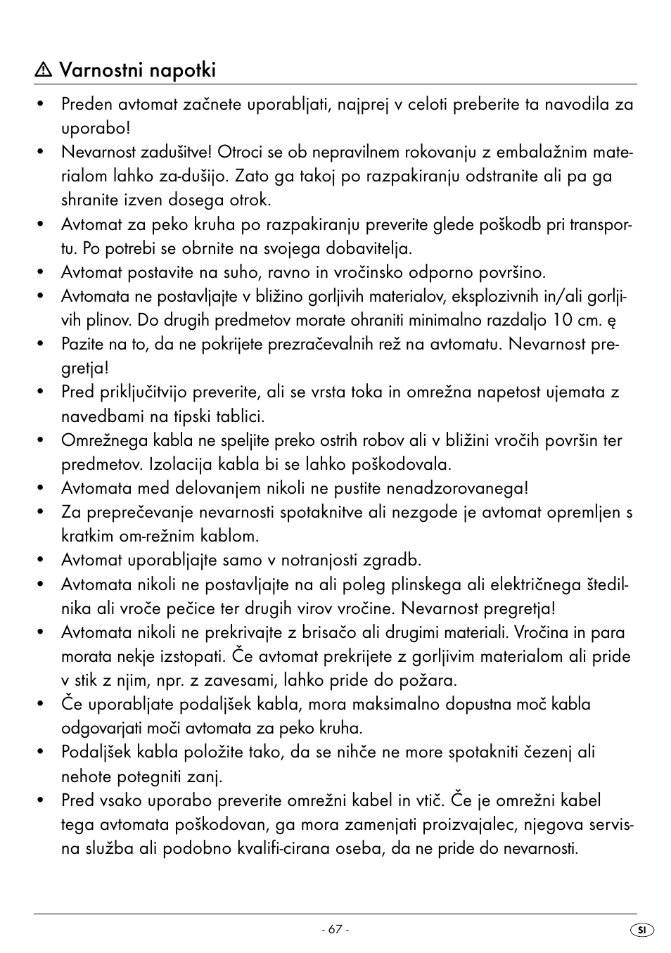 Varnostni napotki | Silvercrest BREAD MAKER SBB 850 A1 User Manual | Page 70 / 160