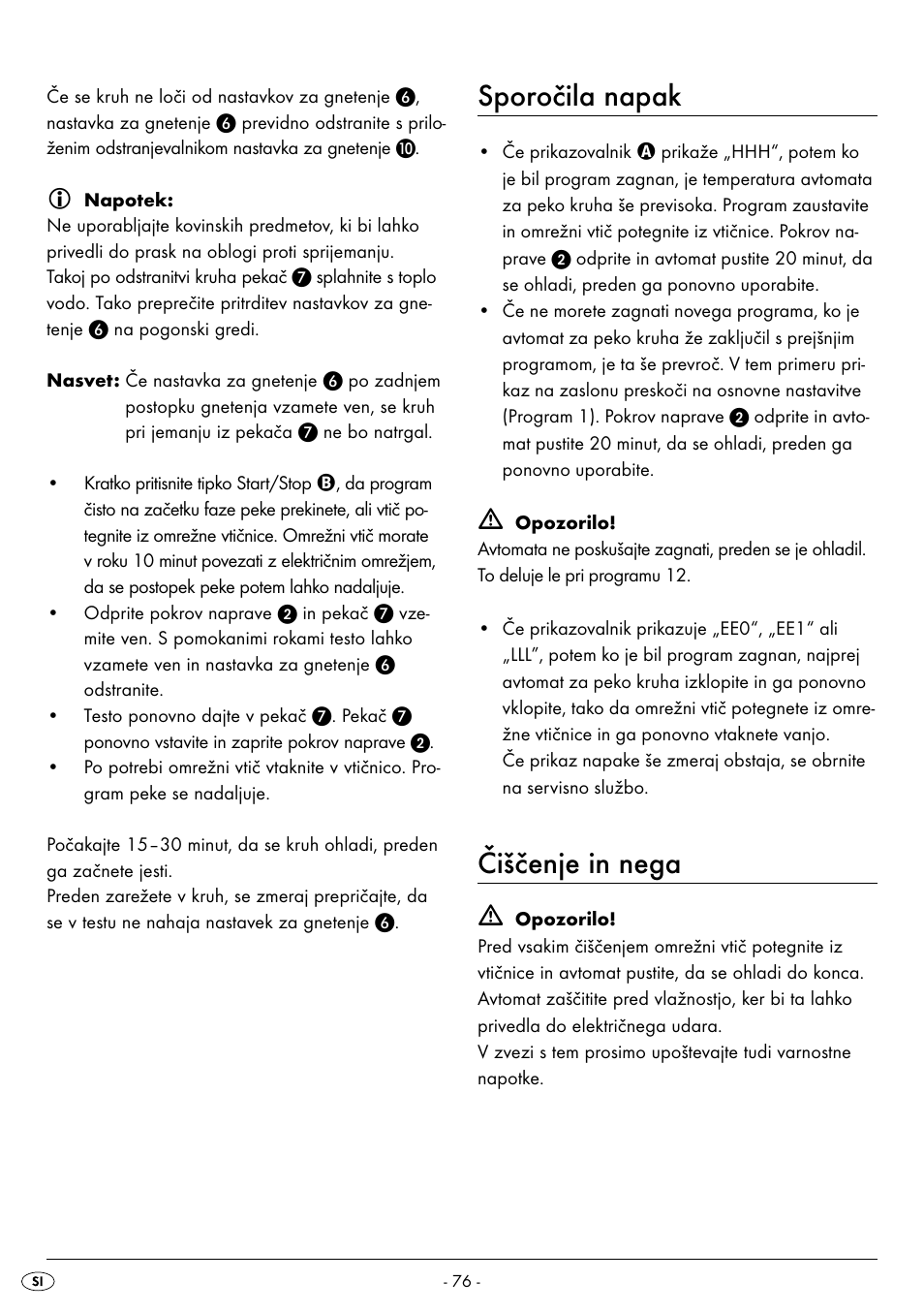 Sporočila napak, Čiščenje in nega | Silvercrest BREAD MAKER SBB 850 A1 User Manual | Page 79 / 160