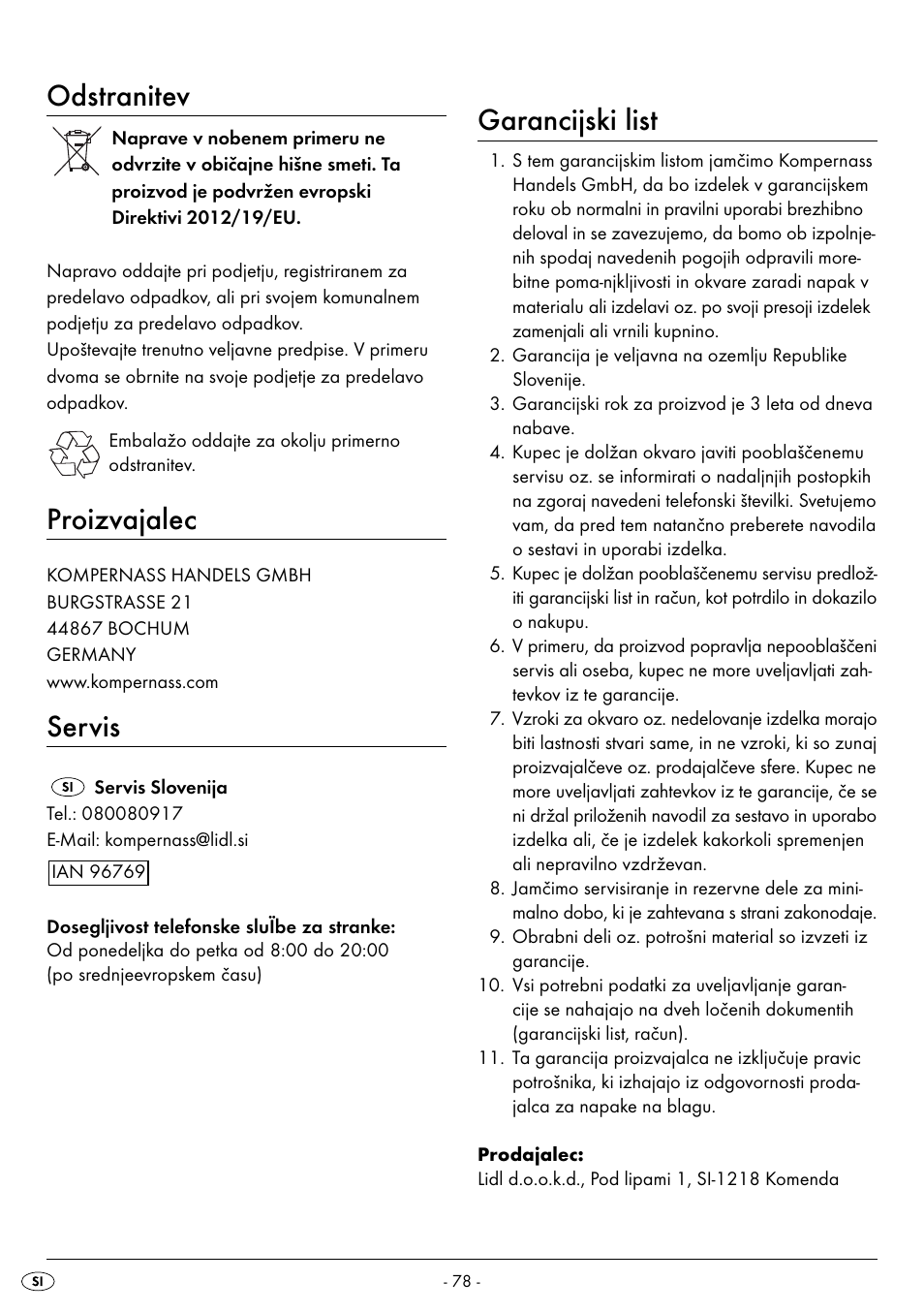 Odstranitev, Proizvajalec, Servis | Garancijski list | Silvercrest BREAD MAKER SBB 850 A1 User Manual | Page 81 / 160
