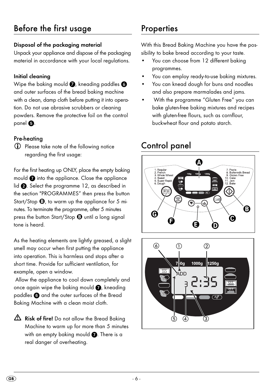 Before the first usage, Properties, Control panel | Silvercrest BREAD MAKER SBB 850 A1 User Manual | Page 9 / 160