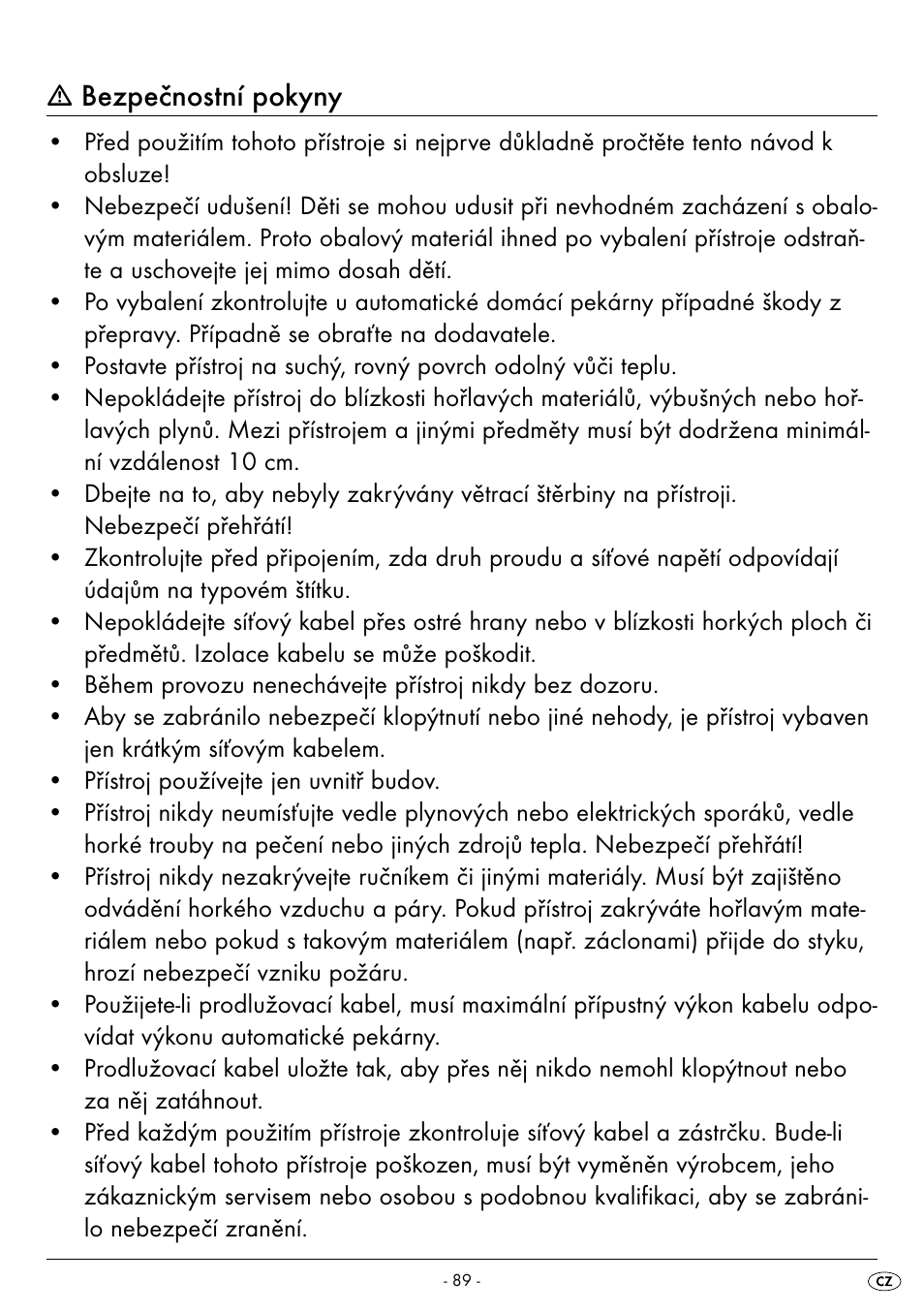 Bezpečnostní pokyny | Silvercrest BREAD MAKER SBB 850 A1 User Manual | Page 92 / 160