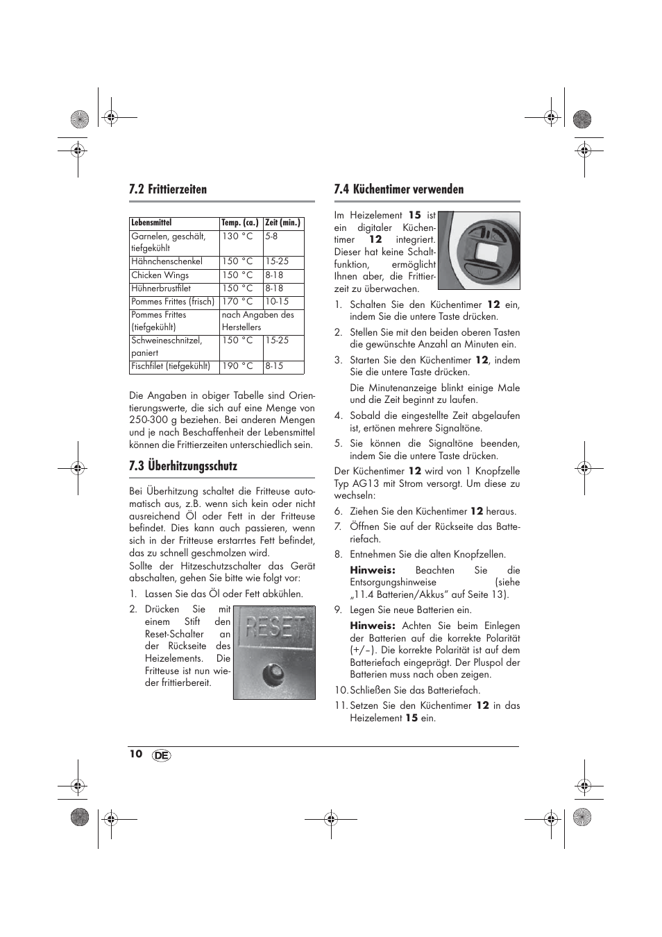 2 frittierzeiten, 3 überhitzungsschutz, 4 küchentimer verwenden | Silvercrest SKF 2800 A1 User Manual | Page 12 / 74