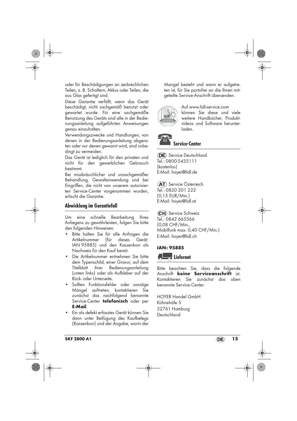 Abwicklung im garantiefall, Service-center, Lieferant | Silvercrest SKF 2800 A1 User Manual | Page 17 / 74