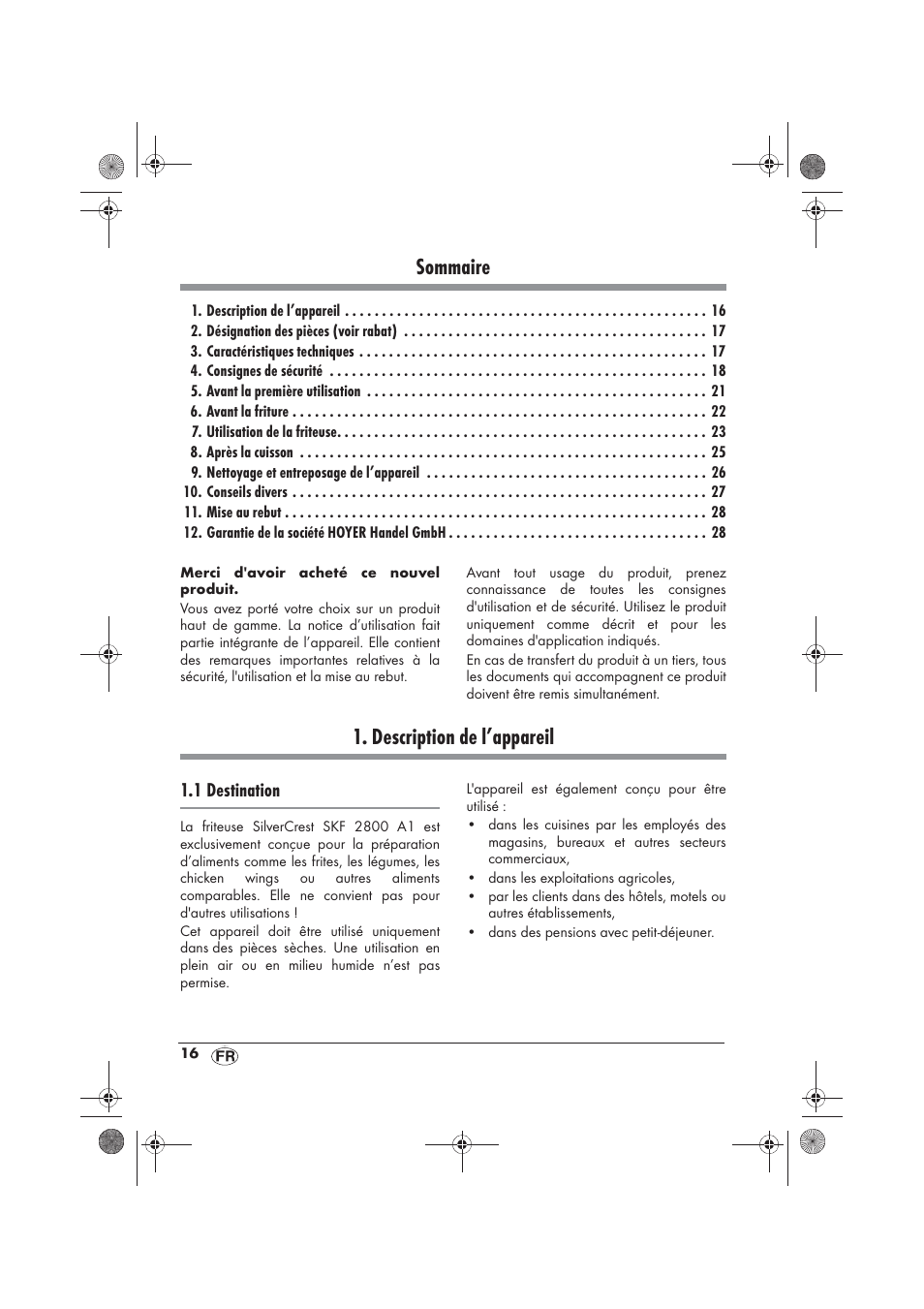 Sommaire, Description de l’appareil | Silvercrest SKF 2800 A1 User Manual | Page 18 / 74