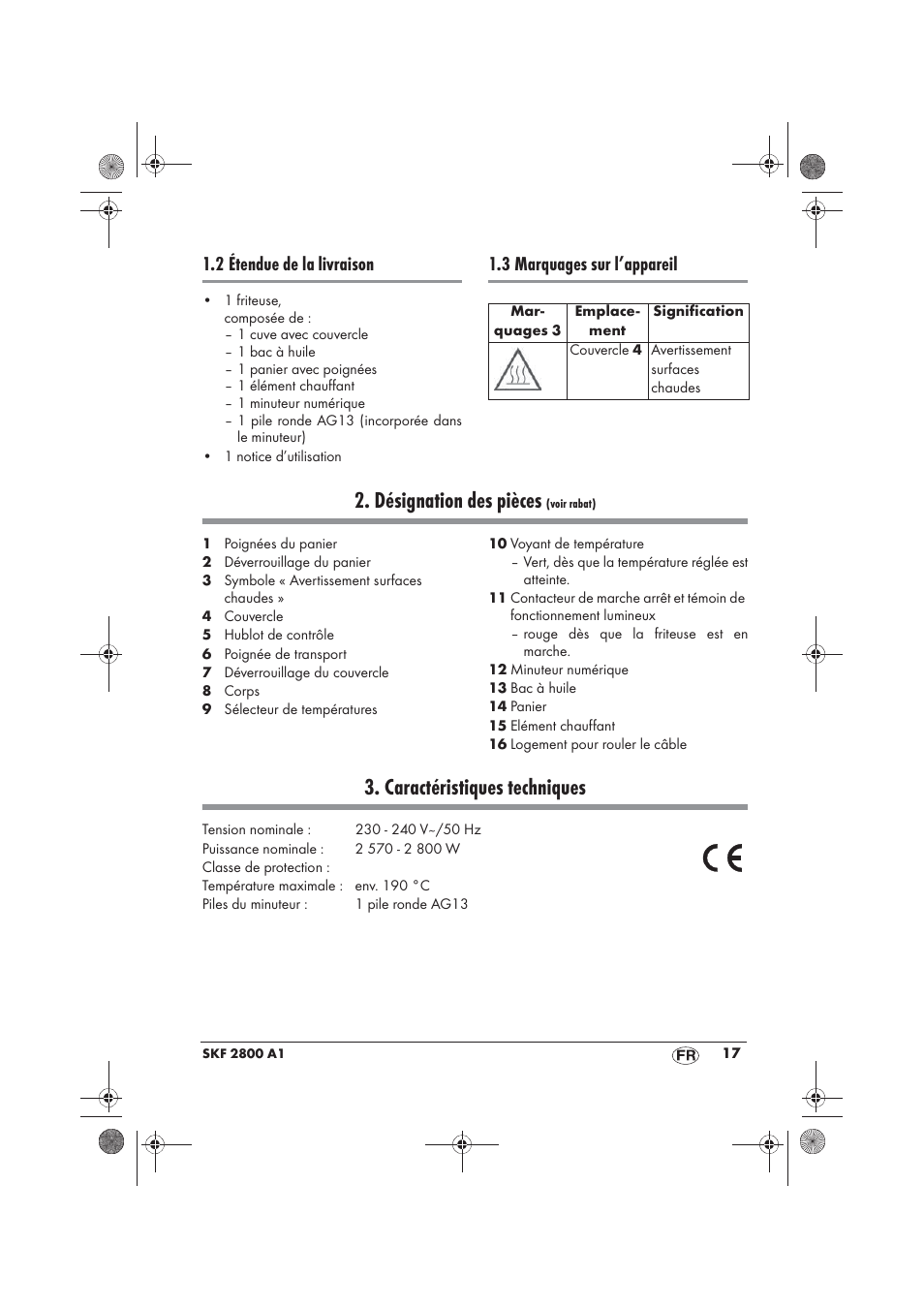 Désignation des pièces, Caractéristiques techniques, 2 étendue de la livraison | 3 marquages sur l’appareil | Silvercrest SKF 2800 A1 User Manual | Page 19 / 74