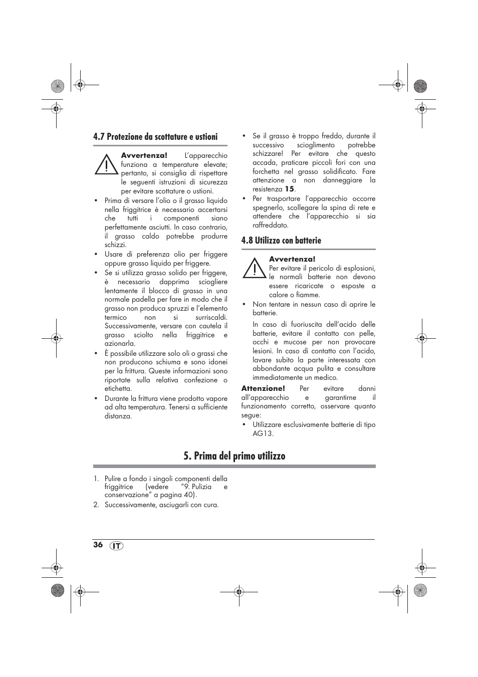 Prima del primo utilizzo, 7 protezione da scottature e ustioni, 8 utilizzo con batterie | Silvercrest SKF 2800 A1 User Manual | Page 38 / 74