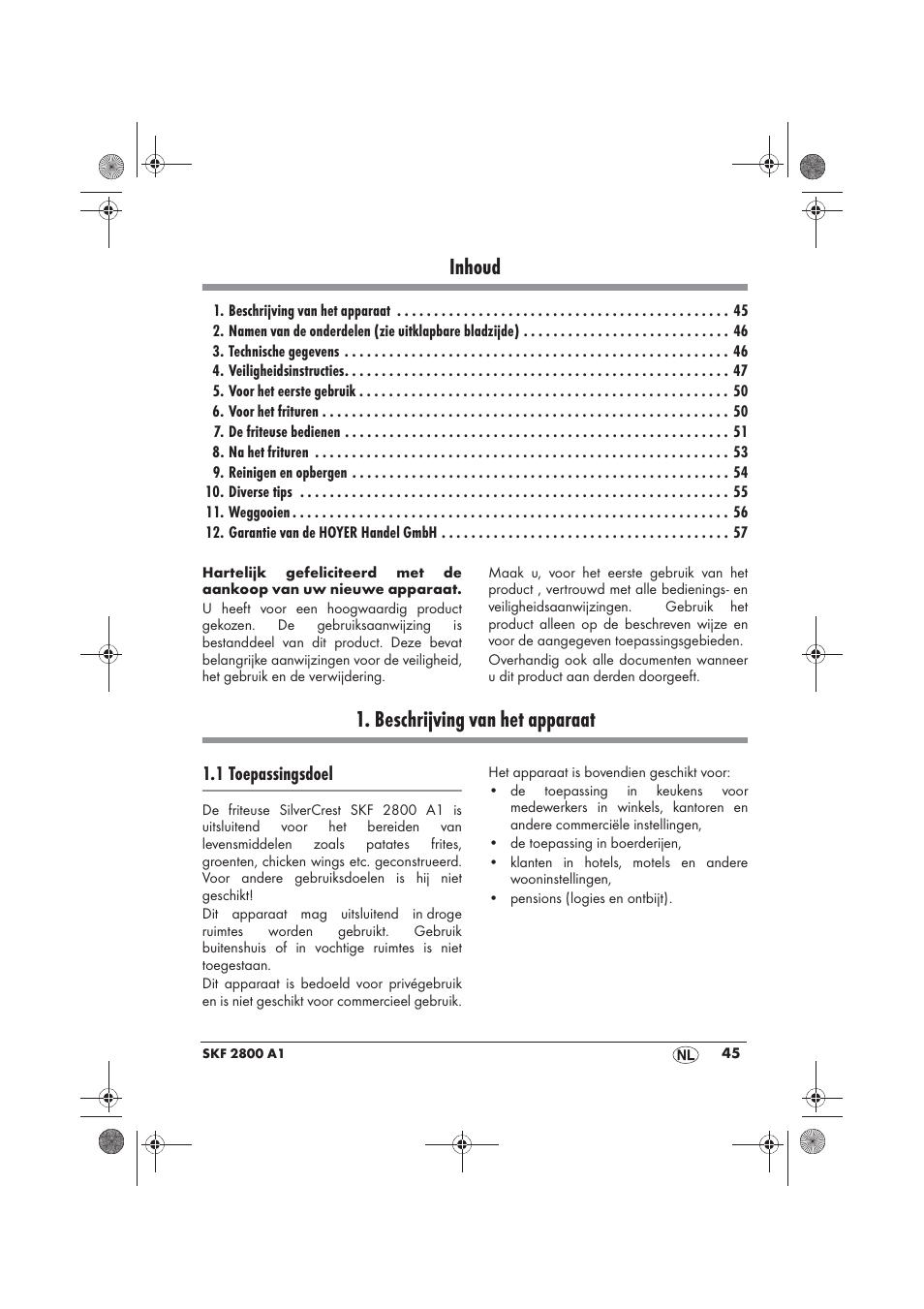 Inhoud, Beschrijving van het apparaat, 1 toepassingsdoel | Silvercrest SKF 2800 A1 User Manual | Page 47 / 74