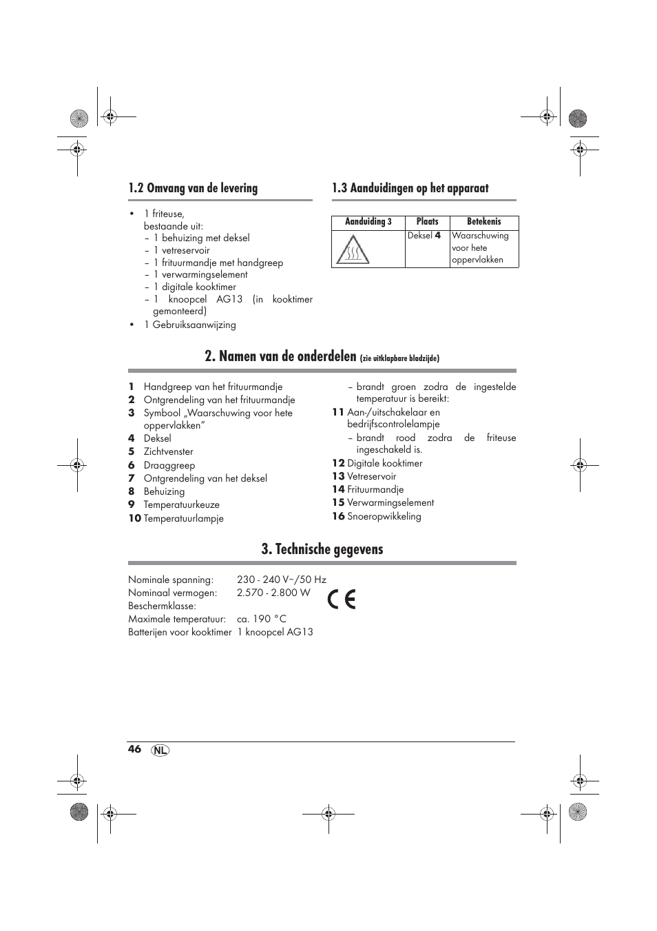 Namen van de onderdelen, Technische gegevens, 2 omvang van de levering | 3 aanduidingen op het apparaat | Silvercrest SKF 2800 A1 User Manual | Page 48 / 74