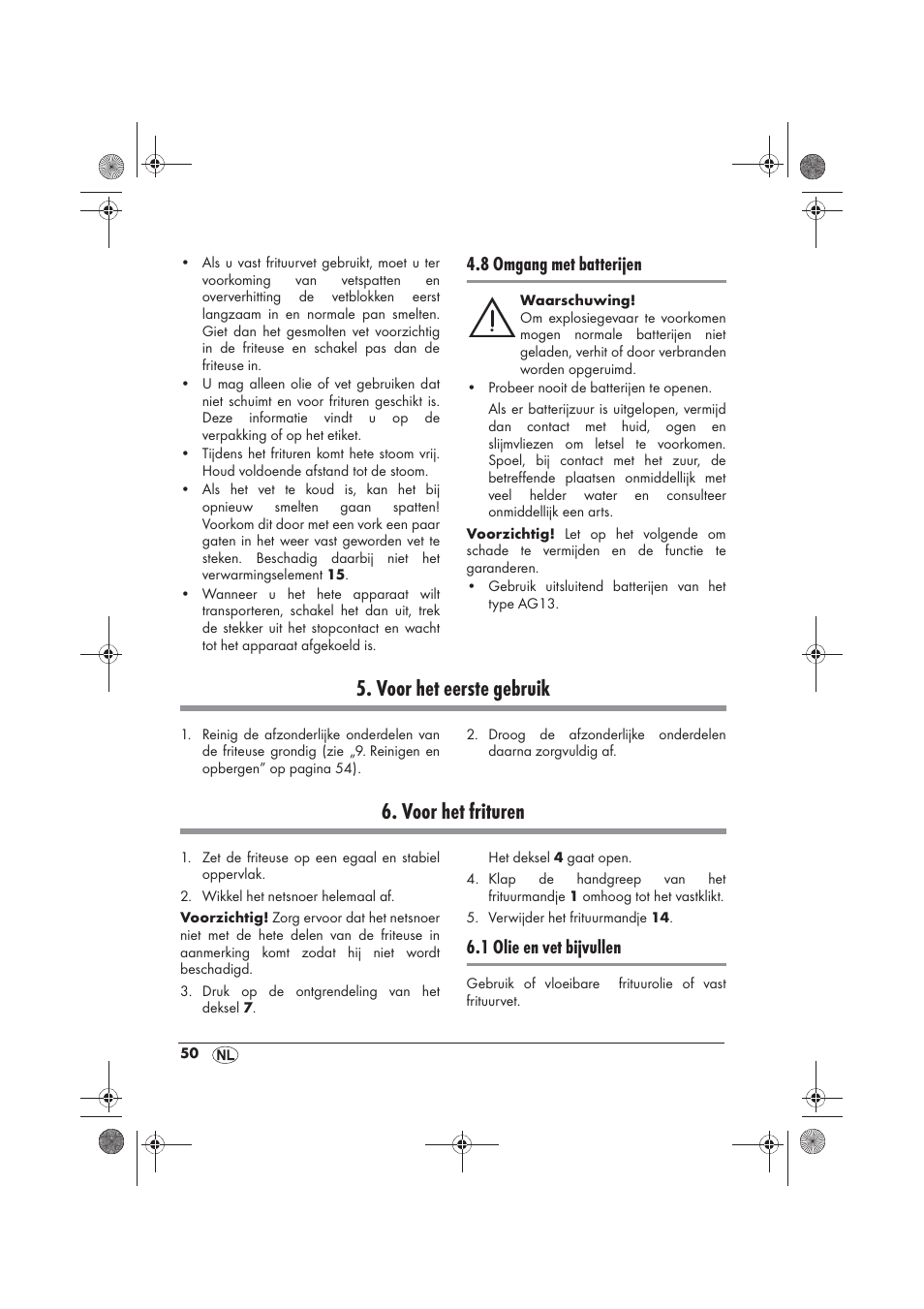 Voor het eerste gebruik, Voor het frituren, 8 omgang met batterijen | 1 olie en vet bijvullen | Silvercrest SKF 2800 A1 User Manual | Page 52 / 74