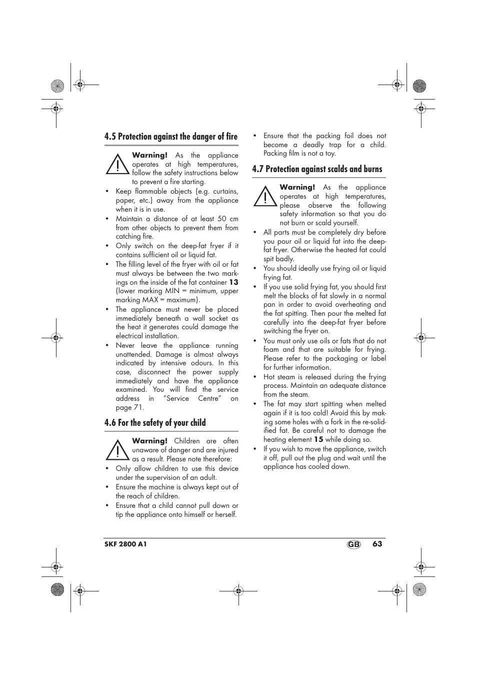 5 protection against the danger of fire, 6 for the safety of your child, 7 protection against scalds and burns | Silvercrest SKF 2800 A1 User Manual | Page 65 / 74