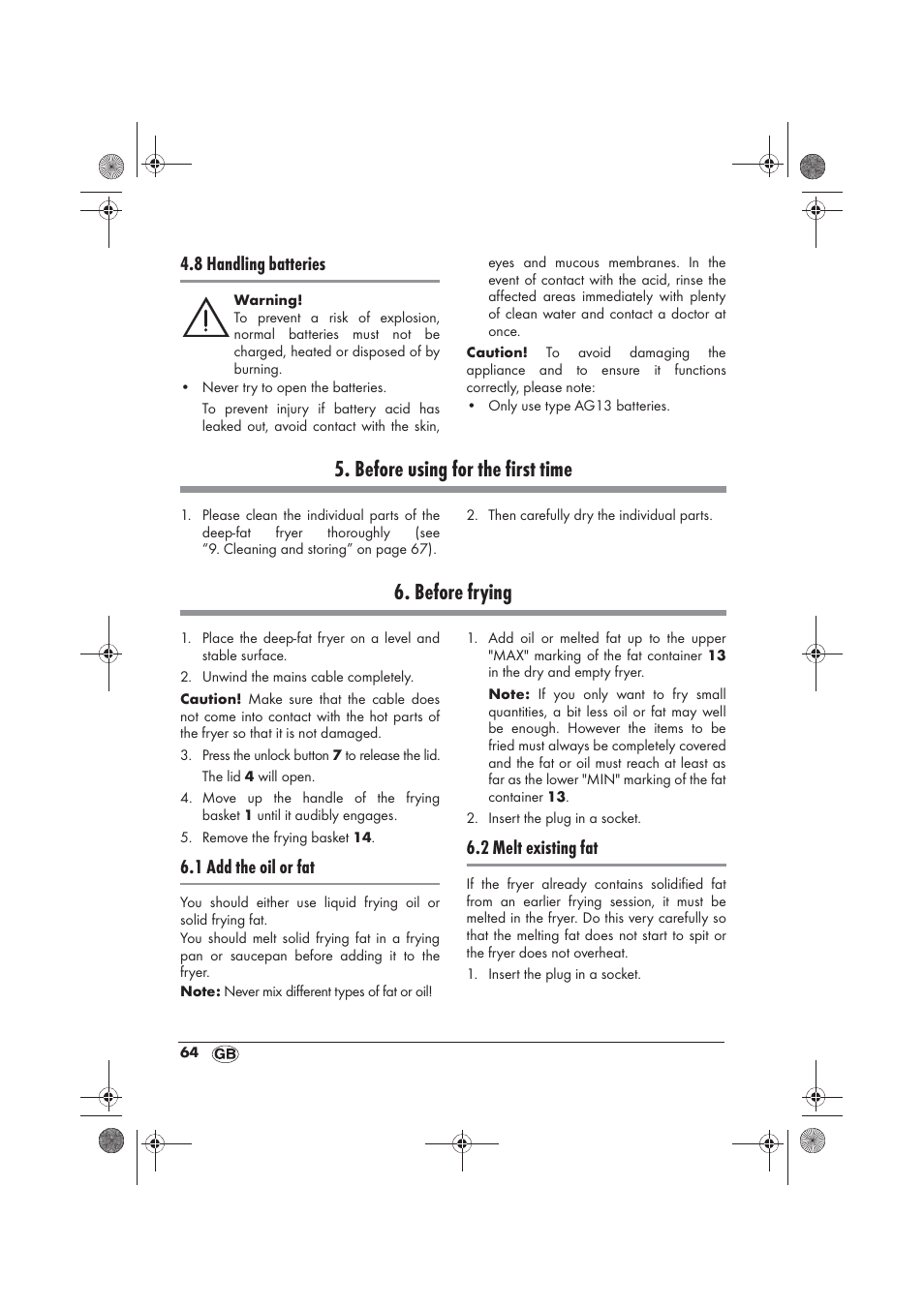 Before using for the first time, Before frying, 8 handling batteries | 1 add the oil or fat, 2 melt existing fat | Silvercrest SKF 2800 A1 User Manual | Page 66 / 74