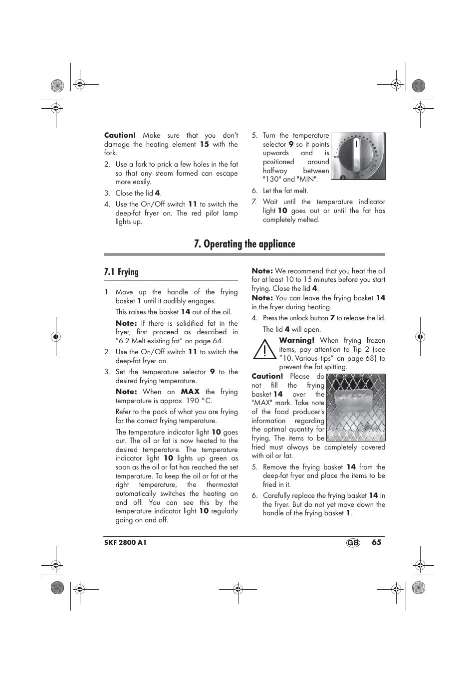 Operating the appliance, 1 frying | Silvercrest SKF 2800 A1 User Manual | Page 67 / 74