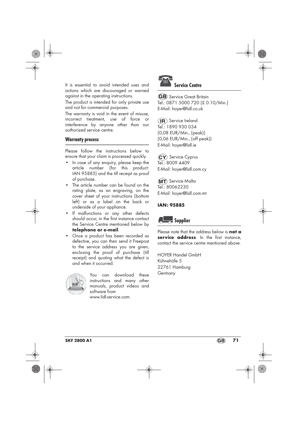 Warranty process, Service centre, Supplier | Silvercrest SKF 2800 A1 User Manual | Page 73 / 74