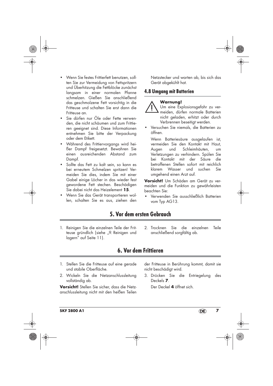 Vor dem ersten gebrauch, Vor dem frittieren, 8 umgang mit batterien | Silvercrest SKF 2800 A1 User Manual | Page 9 / 74