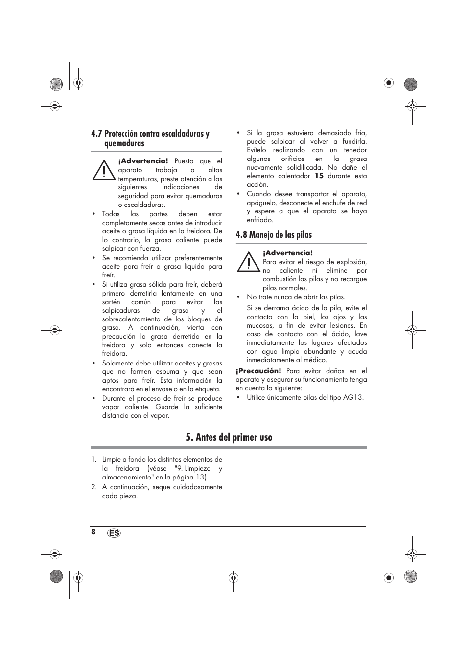 Antes del primer uso, 7 protección contra escaldaduras y quemaduras, 8 manejo de las pilas | Silvercrest SKF 2800 A1 User Manual | Page 10 / 78