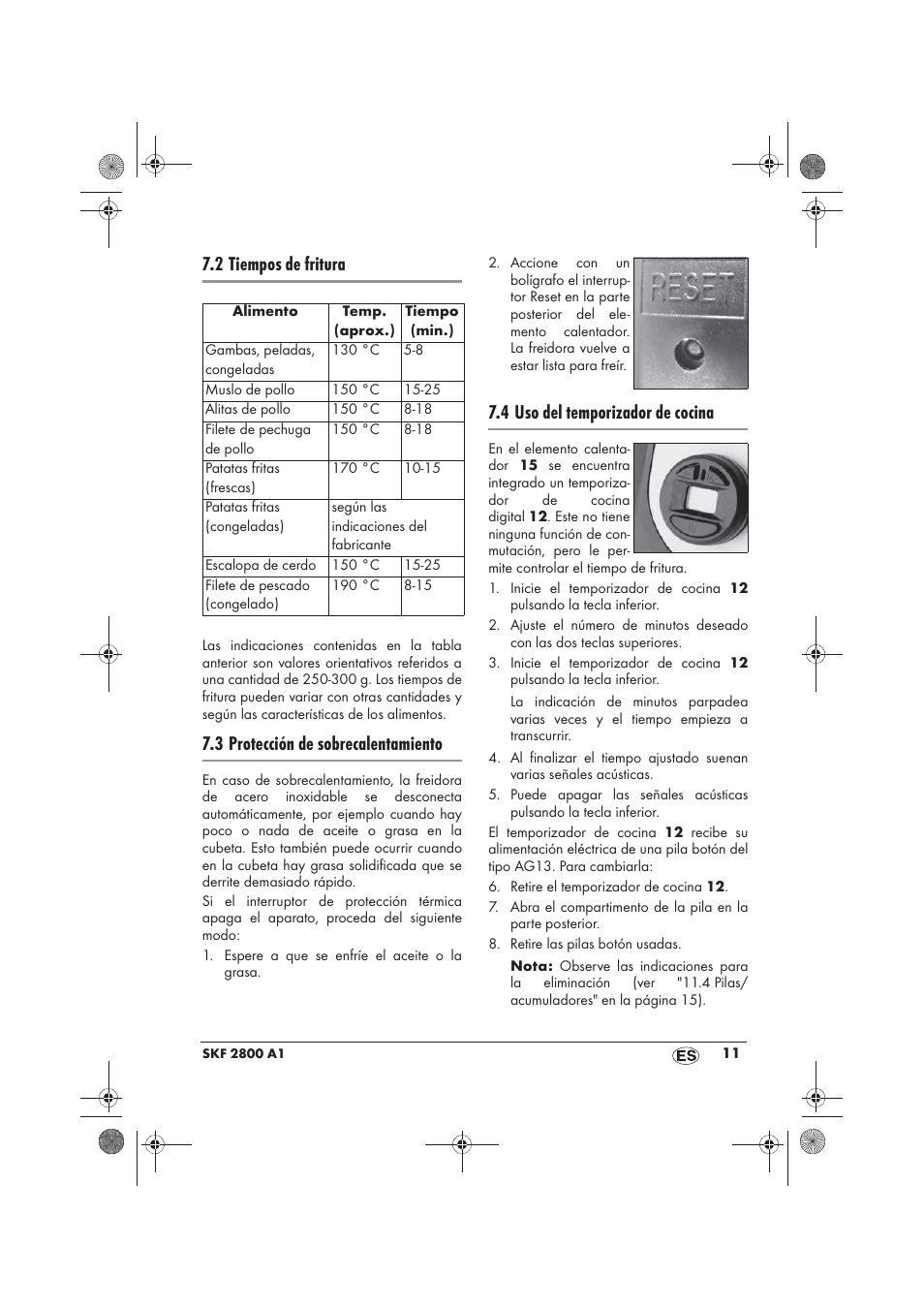 2 tiempos de fritura, 3 protección de sobrecalentamiento, 4 uso del temporizador de cocina | Silvercrest SKF 2800 A1 User Manual | Page 13 / 78