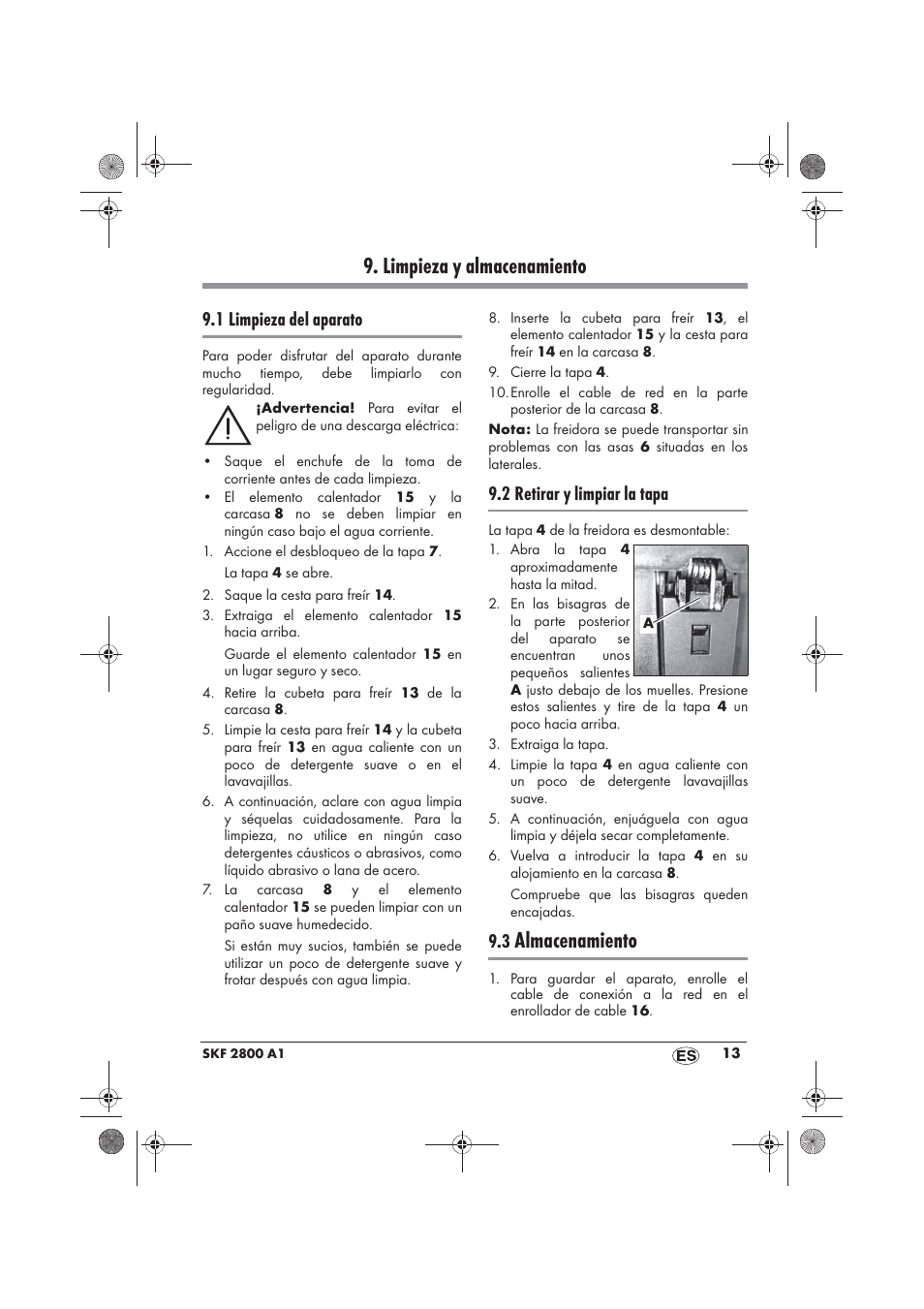 Limpieza y almacenamiento, Almacenamiento, 1 limpieza del aparato | 2 retirar y limpiar la tapa | Silvercrest SKF 2800 A1 User Manual | Page 15 / 78