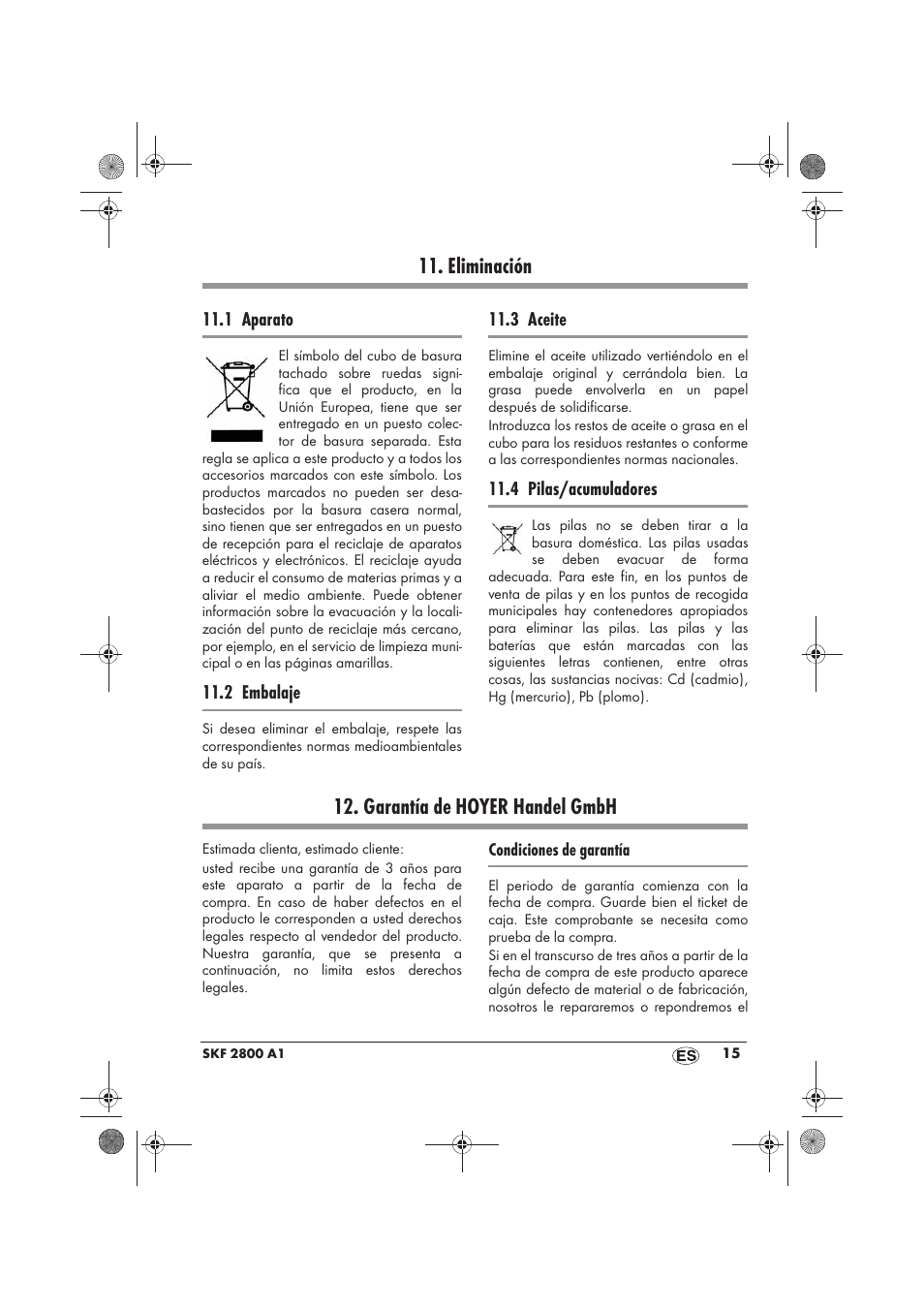 Eliminación, Garantía de hoyer handel gmbh | Silvercrest SKF 2800 A1 User Manual | Page 17 / 78