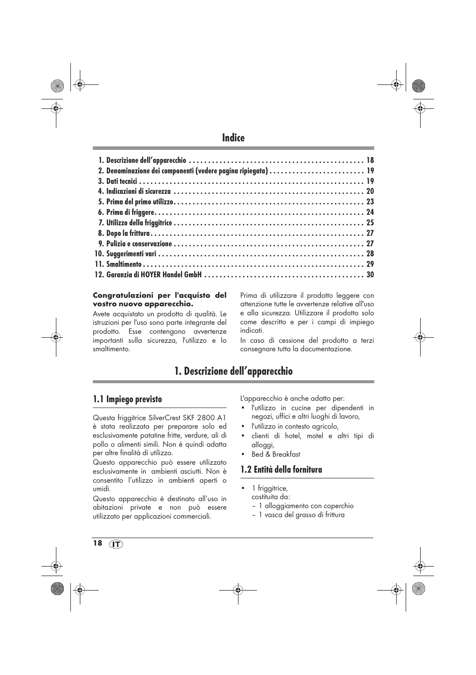 Indice, Descrizione dell’apparecchio | Silvercrest SKF 2800 A1 User Manual | Page 20 / 78