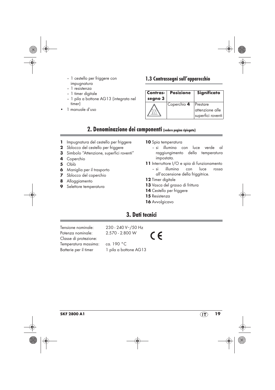 Denominazione dei componenti, Dati tecnici, 3 contrassegni sull’apparecchio | Silvercrest SKF 2800 A1 User Manual | Page 21 / 78