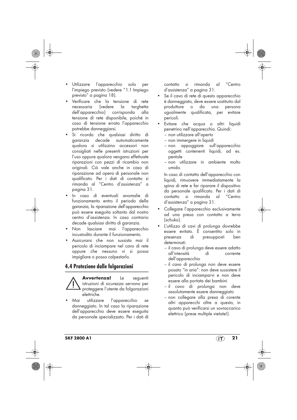 4 protezione dalle folgorazioni | Silvercrest SKF 2800 A1 User Manual | Page 23 / 78