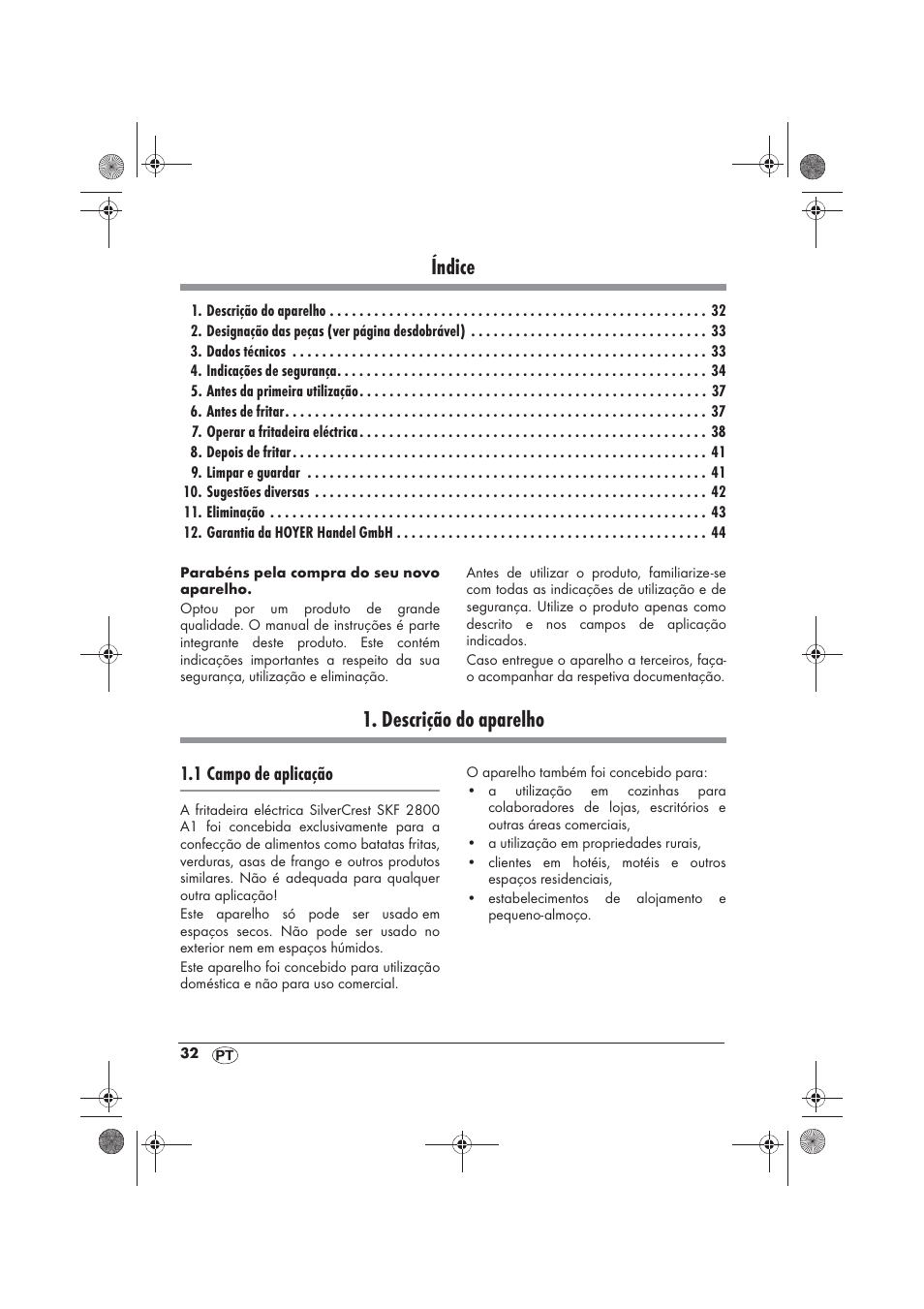 Índice, Descrição do aparelho | Silvercrest SKF 2800 A1 User Manual | Page 34 / 78