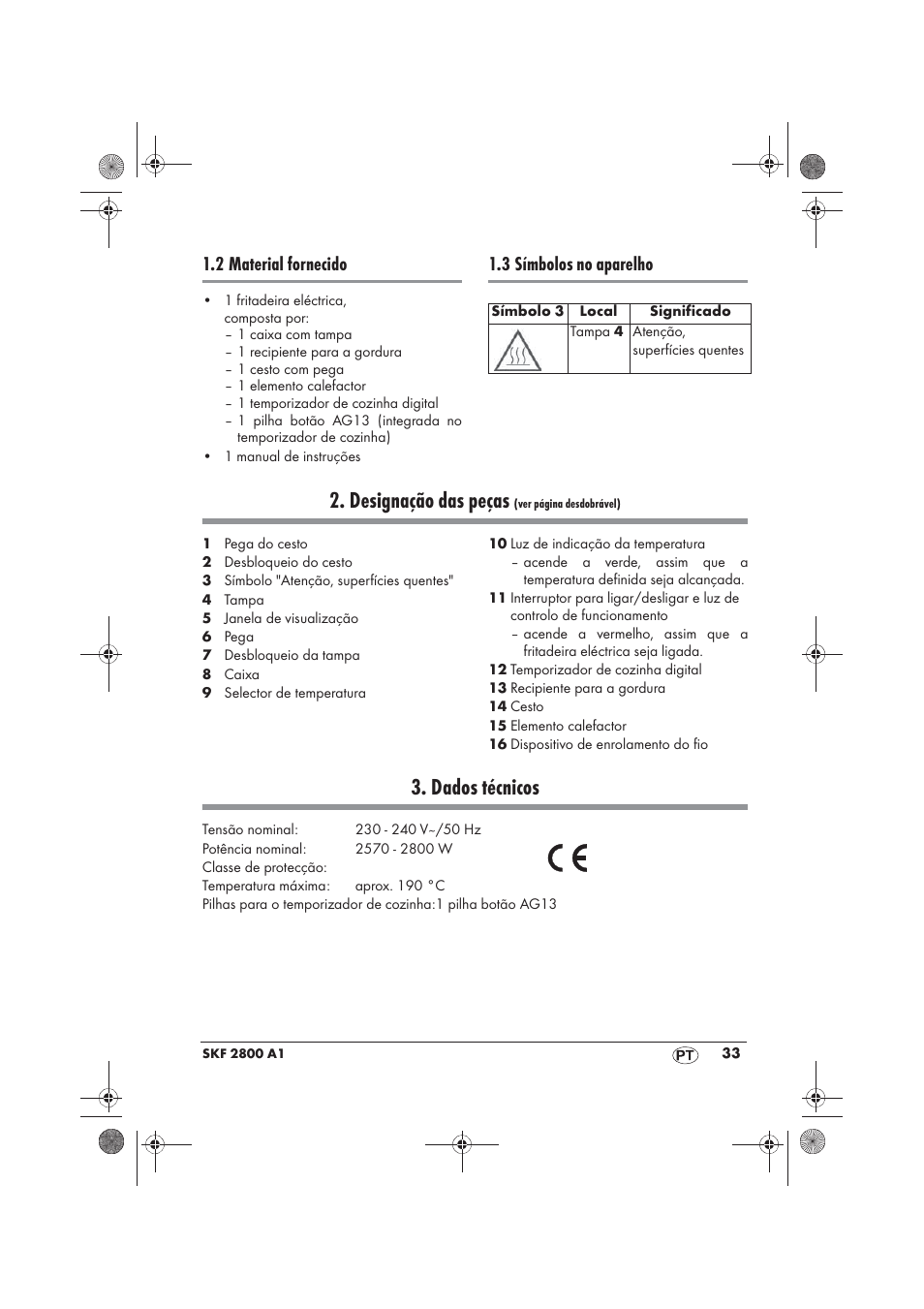 Designação das peças, Dados técnicos, 2 material fornecido | 3 símbolos no aparelho | Silvercrest SKF 2800 A1 User Manual | Page 35 / 78