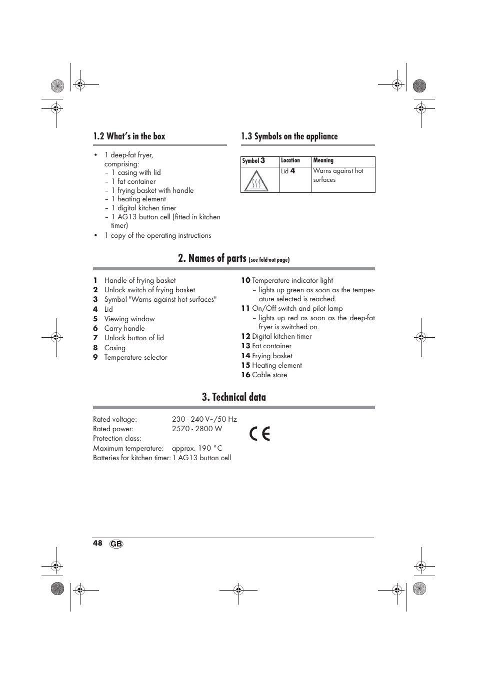 Names of parts, Technical data, 2 what’s in the box | 3 symbols on the appliance | Silvercrest SKF 2800 A1 User Manual | Page 50 / 78