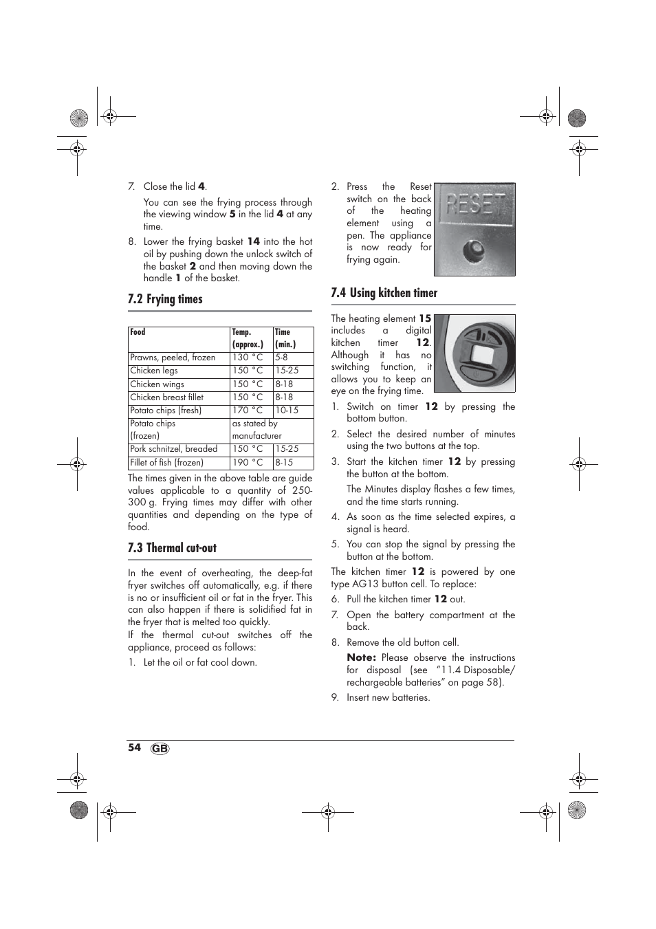 2 frying times, 3 thermal cut-out, 4 using kitchen timer | Silvercrest SKF 2800 A1 User Manual | Page 56 / 78