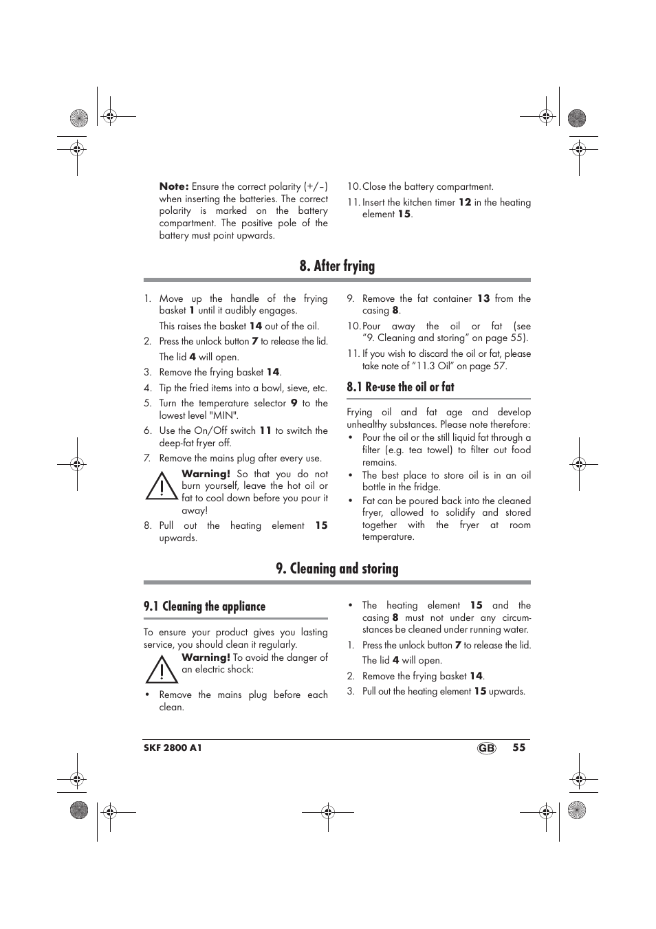 After frying, Cleaning and storing, 1 re-use the oil or fat | 1 cleaning the appliance | Silvercrest SKF 2800 A1 User Manual | Page 57 / 78